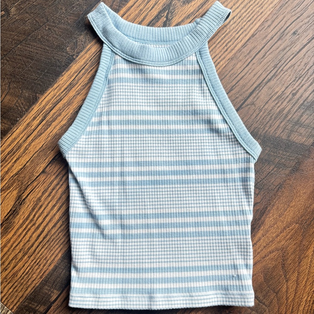 American Eagle Outfitters Blue and White Ribbed Sleeveless Tank Top